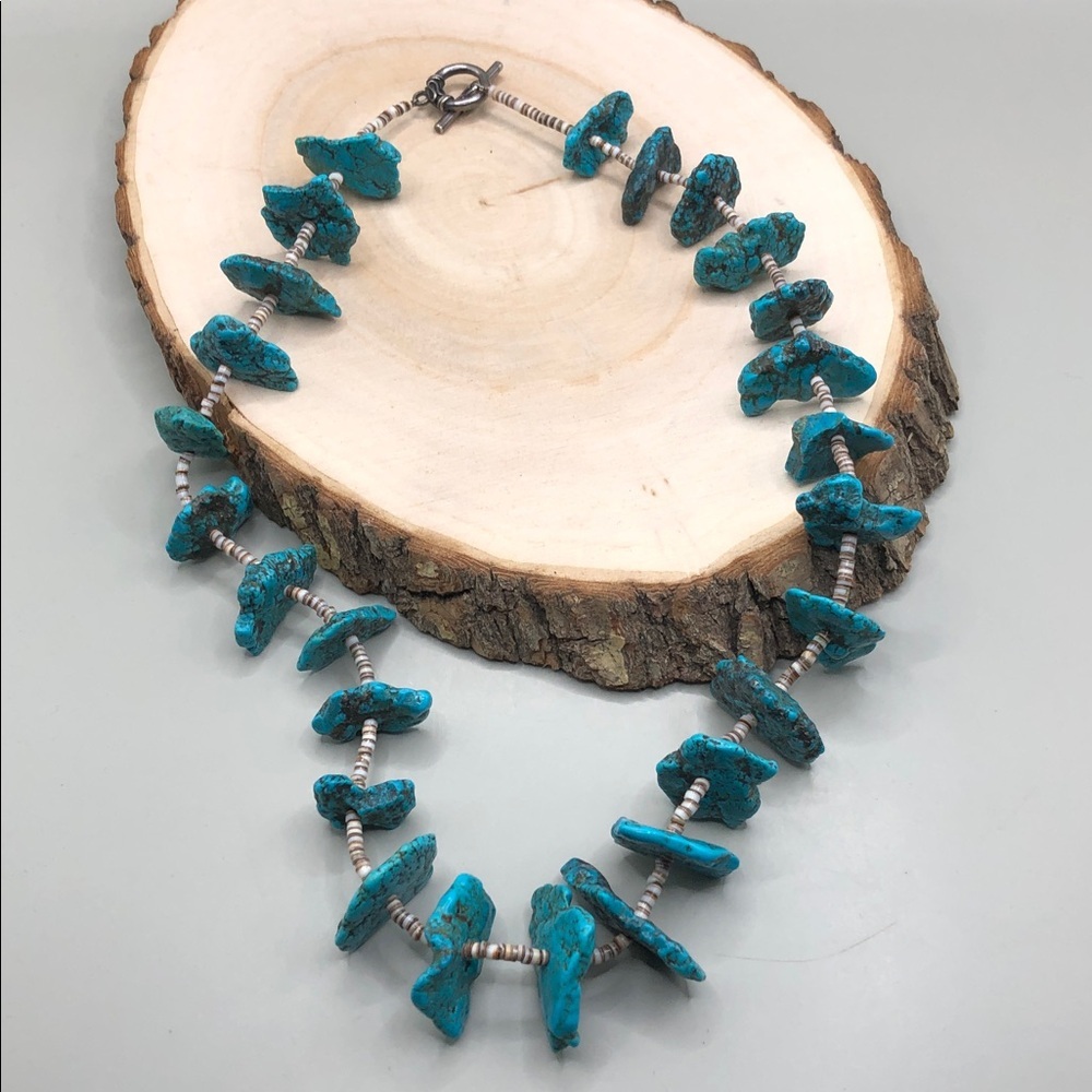 Vintage Southwestern Turquoise Nugget and Heishi Bead Necklace Sterling Silver